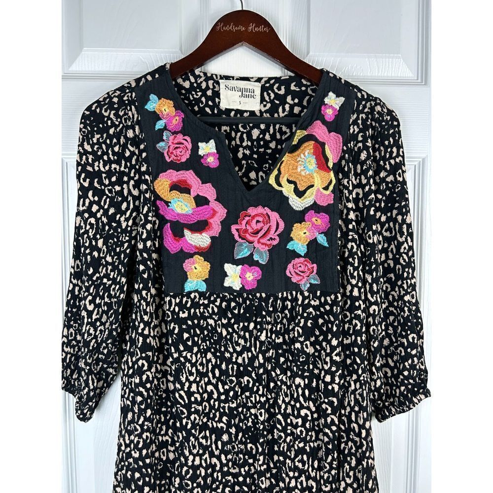 Savanna Jane Women Shirt Dress Black Size S Embroidered Animal Boho Swing E3 - Picture 6 of 12